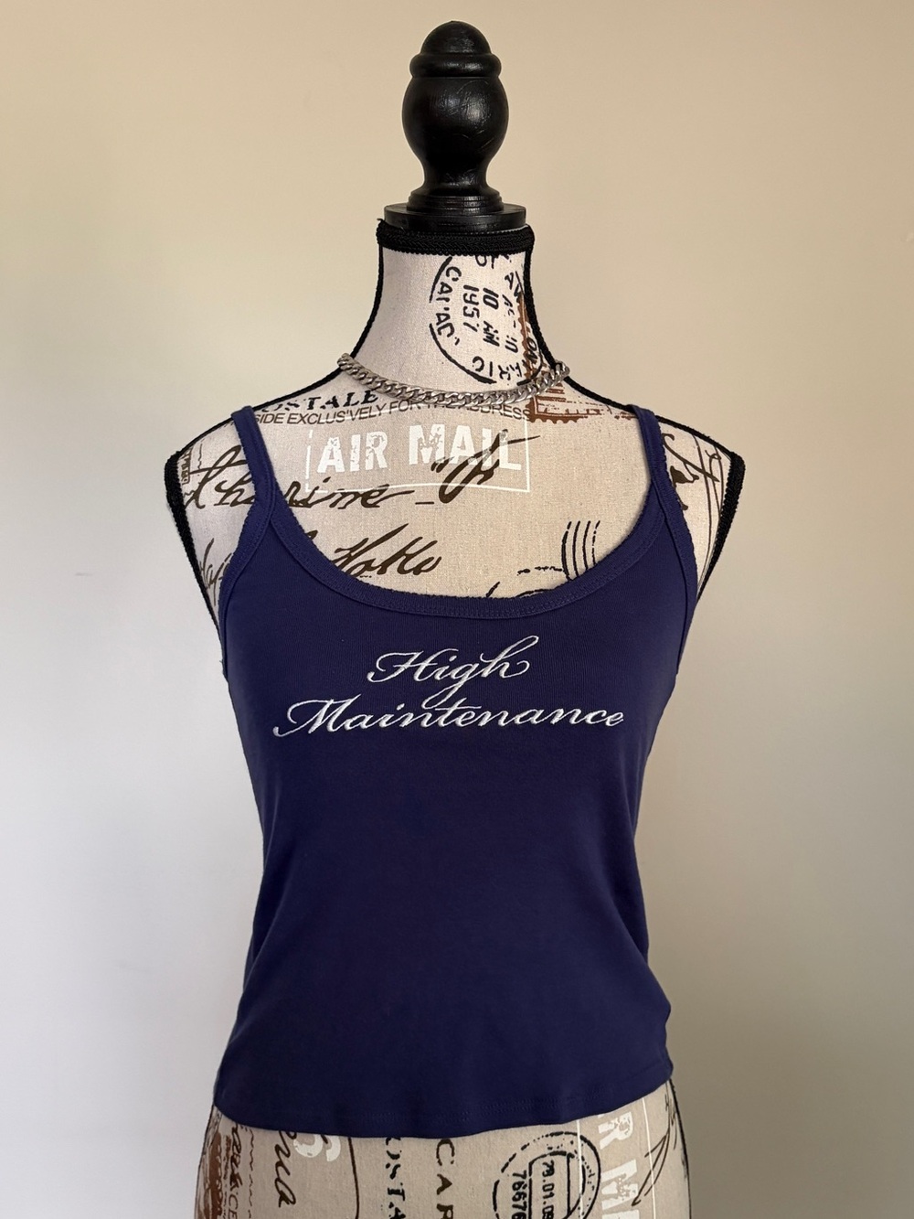 Y2K style navy ‘high maintenance’ embroidered camisole tank